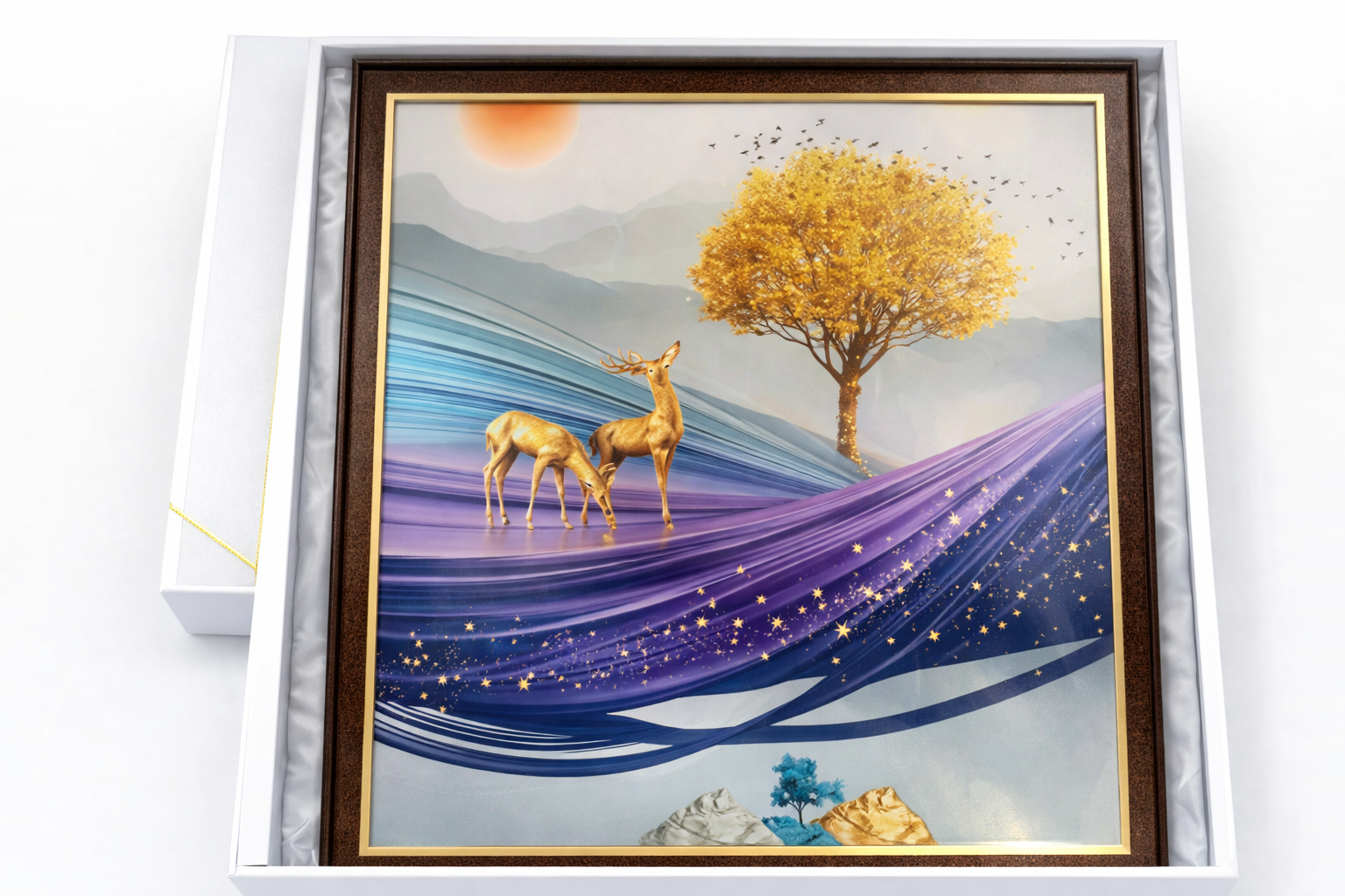 Golden Deer Fantasy Landscape Wall Frame – Premium Artistic Home Décor Collection