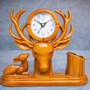 Elegant Deer Wooden Table Clock with Pen Stand