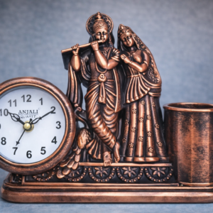 Radha Krishna Antique Finish Table Clock with Pen Stand