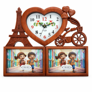 Wooden Heart-Shaped Clock with Paris Eiffel Tower and Bicycle Design, Photo Frame - Orchid