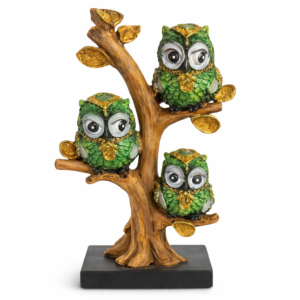 Decorative Owl Figurine - Green Owls on Tree with Glittery Details