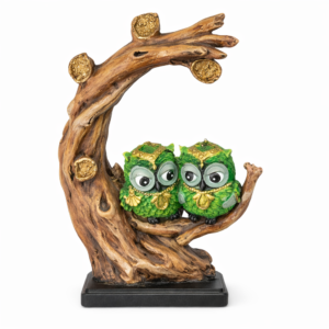 Decorative Green Owl Couple Figurine - Owl Sculpture on Twisted Tree