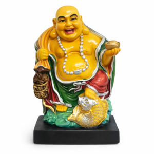 Laughing Buddha Figurine with Fish and Gold Bowl - Feng Shui Decor