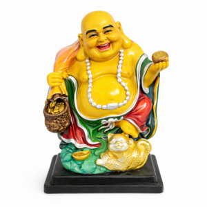 Laughing Buddha Figurine with Coin, Sack, and Lucky Cat - Feng Shui Decor